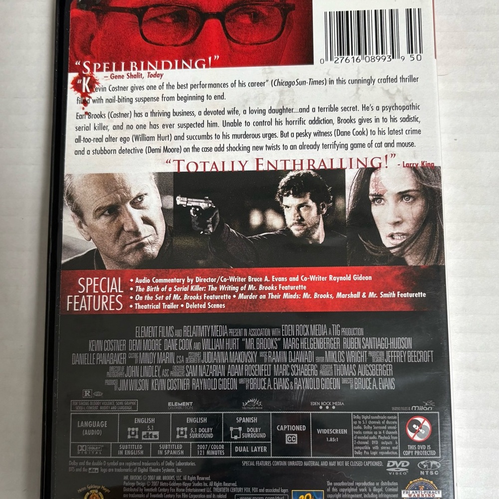 Mr. Brooks DVD - Kevin Costner Demi Moore - Picture 2 of 3